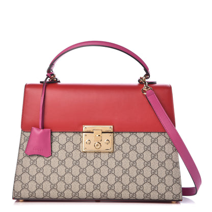 Gucci GG Supreme Monogram Calfskin Medium Padlock Top Handle Bag Beige Hibiscus Red New Rosette 1 of 10