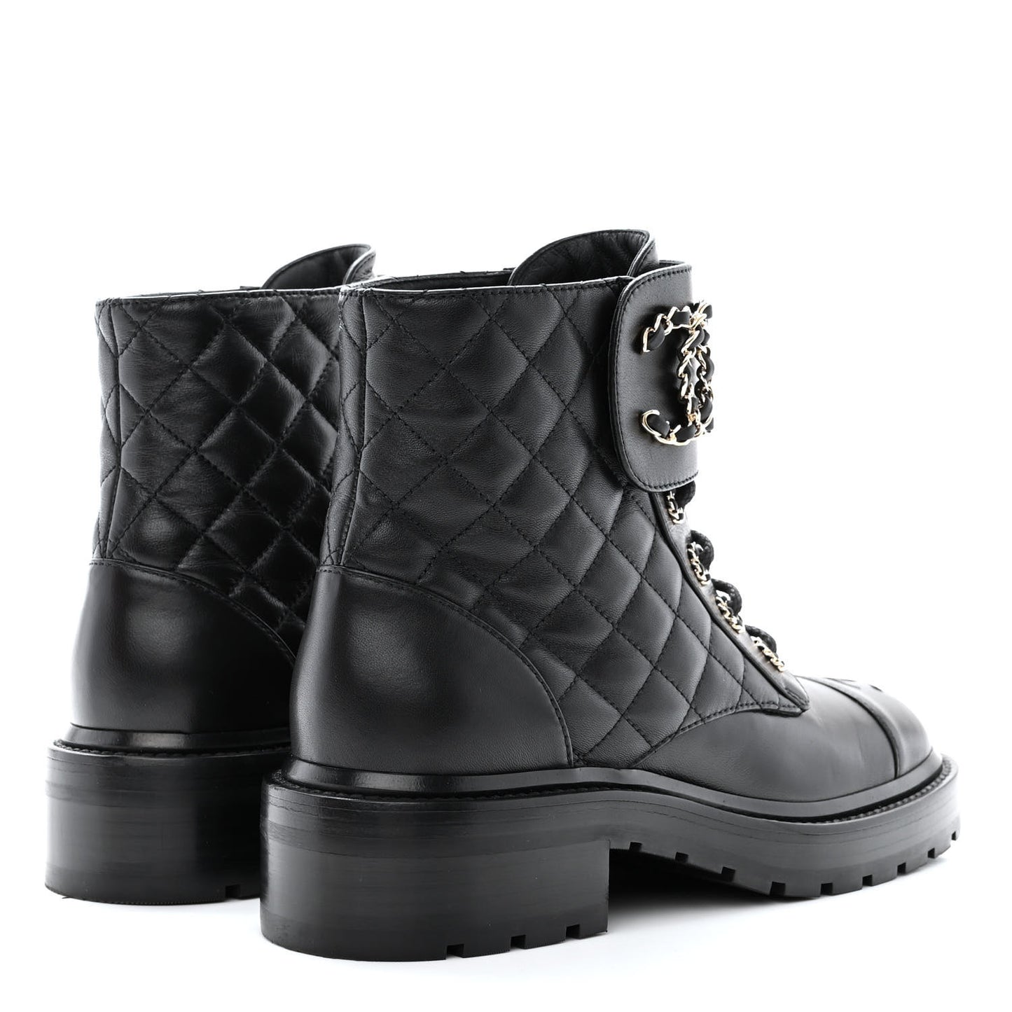 Shiny Lambskin Quilted Lace Up Combat Boots 37 Black