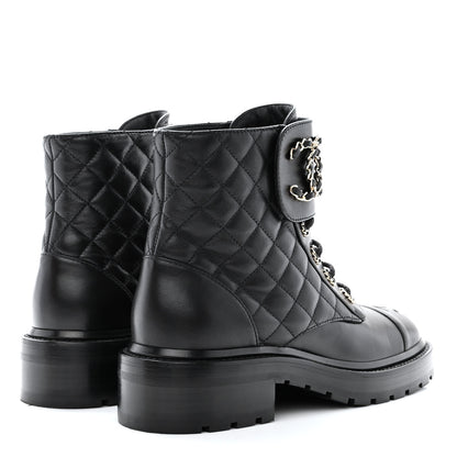 Chanel Shiny Lambskin Quilted Lace Up Combat Boots 37 Black 4 of 8