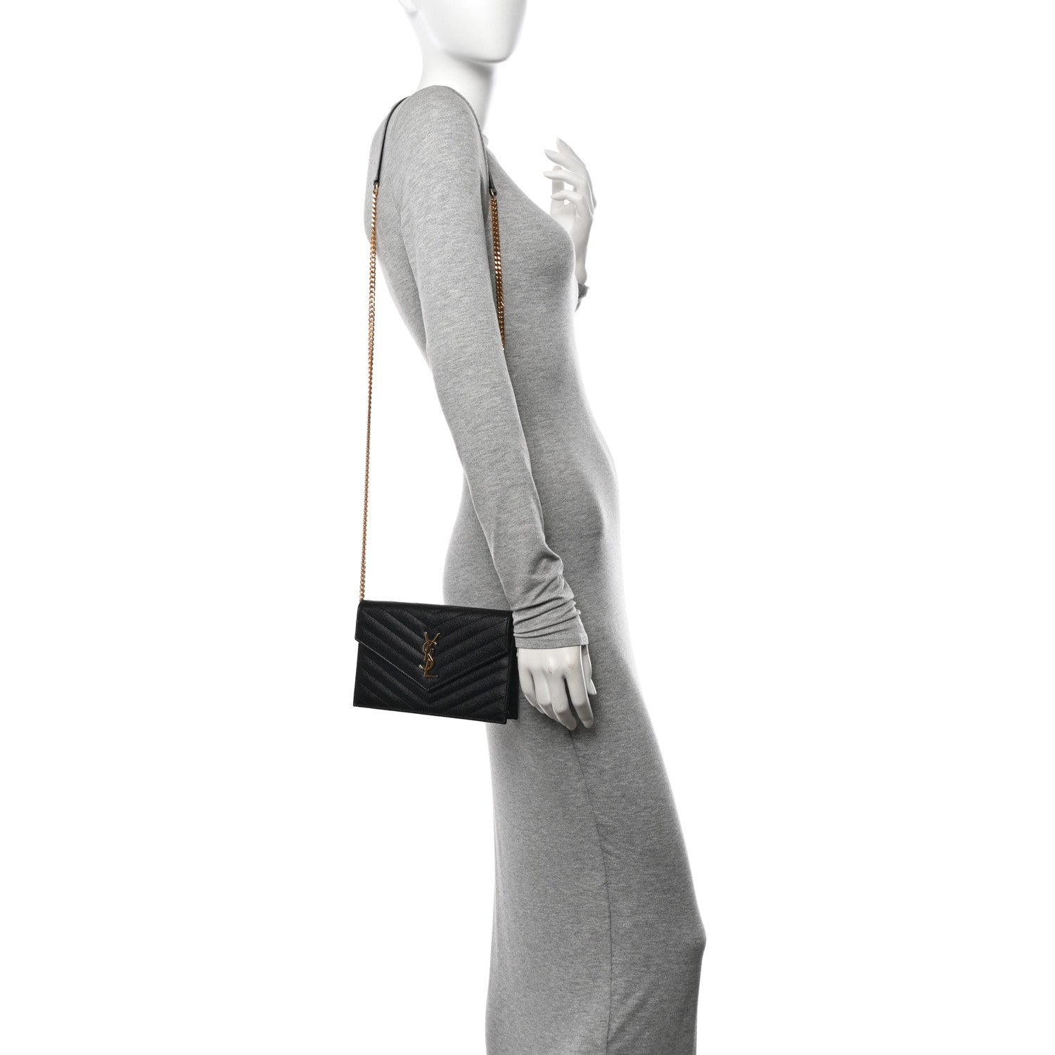 Saint Laurent Grain De Poudre Matelasse Chevron Monogram Envelope Chain Wallet Black 2 of 11
