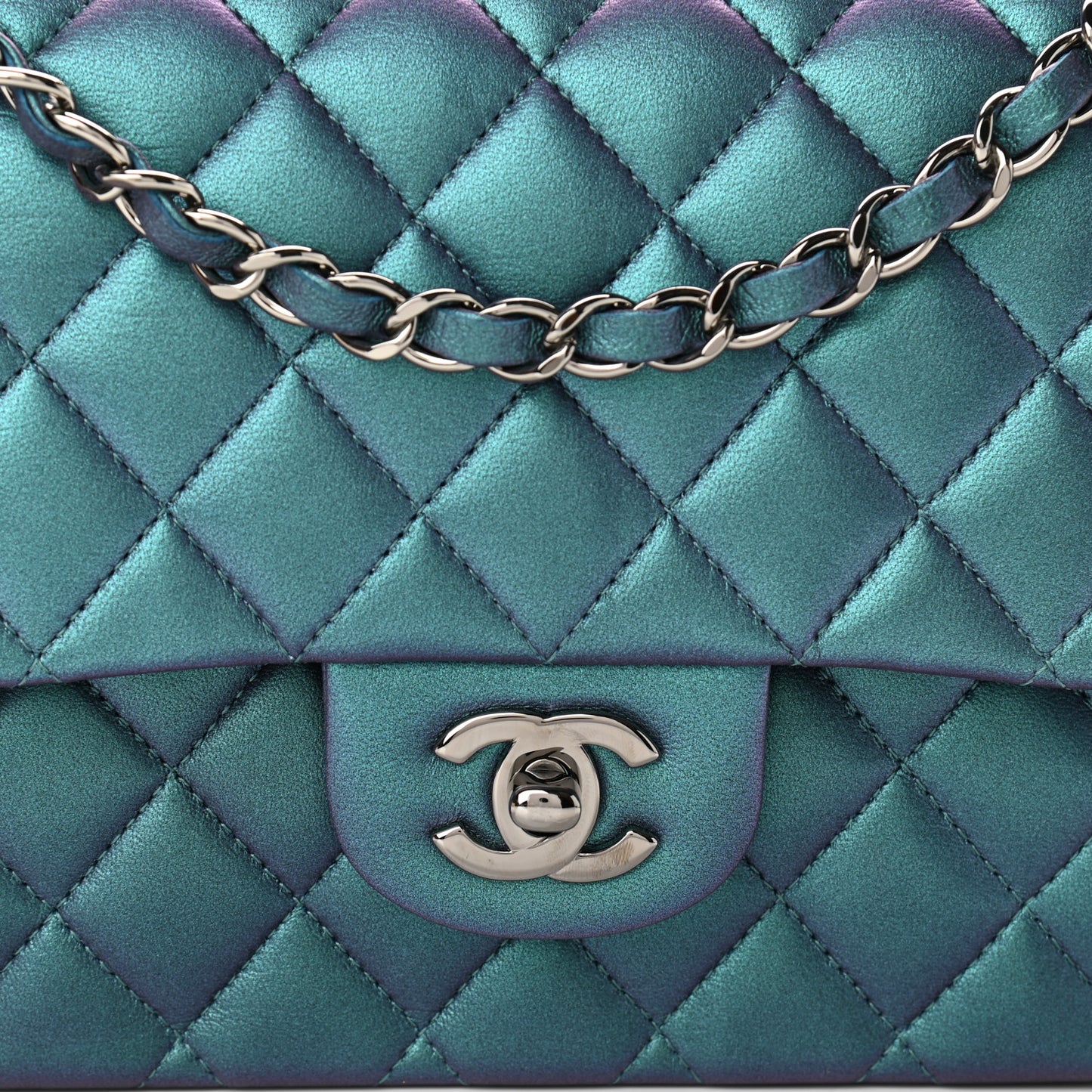 Iridescent Lambskin Quilted Medium Double Flap Turquoise