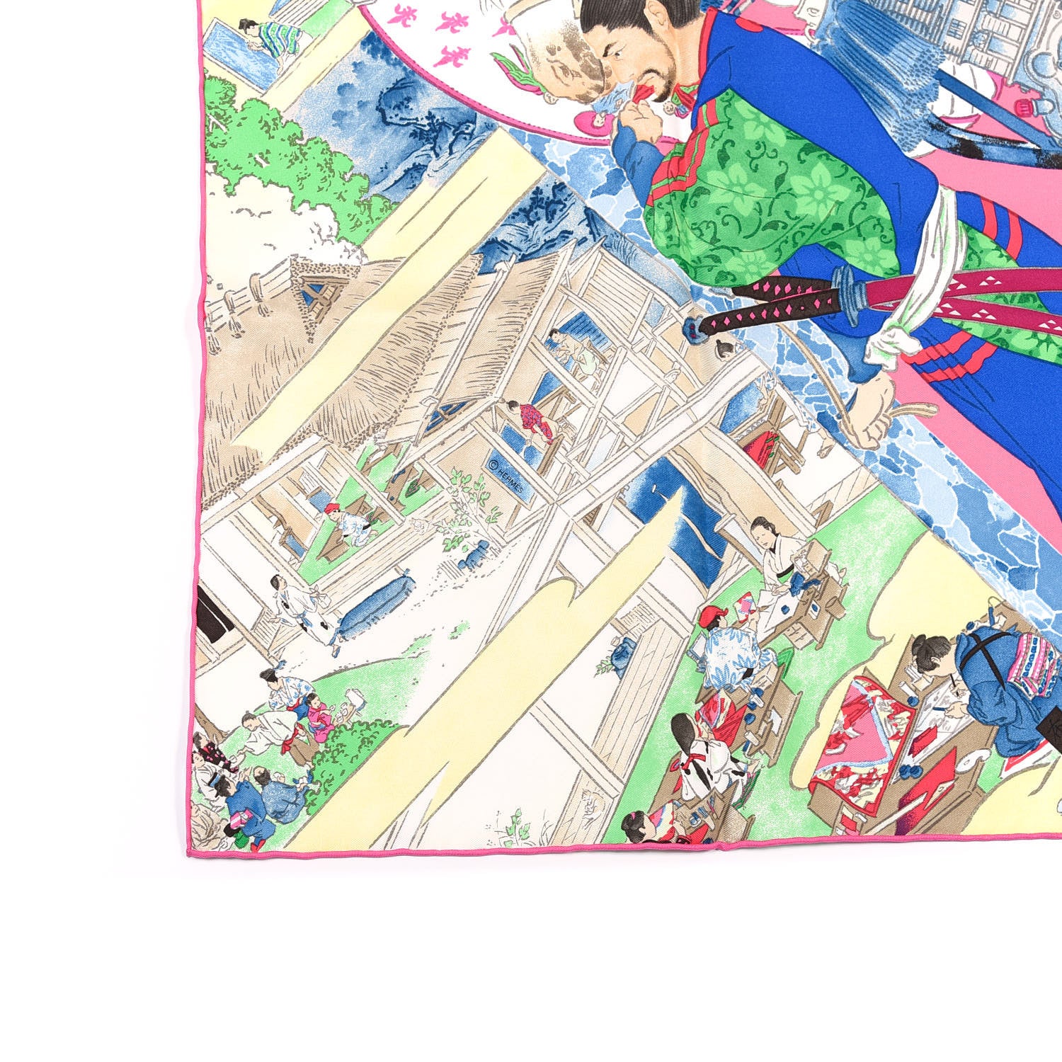 Hermes Silk Les Artisans D'Hermes Scarf 90 Rose Vif Bleu Jaune 3 of 3