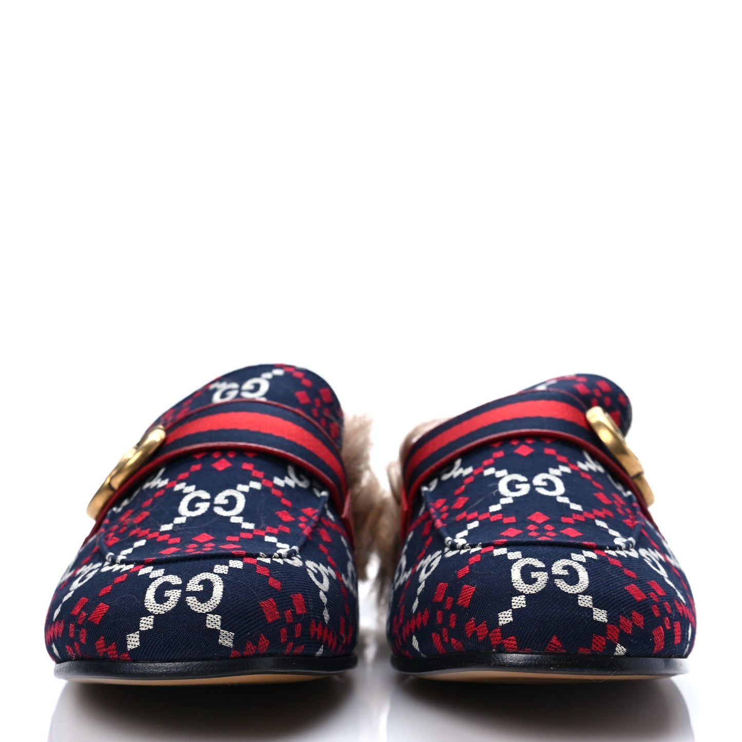 Canvas GG Monogram Diamond Fur Web GG Mens Princetown Slippers 8 Midnight Blue Hibiscus Red