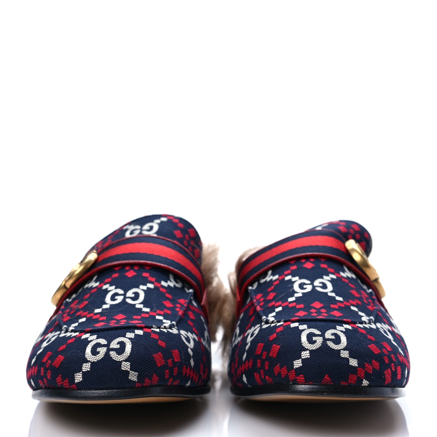 Gucci Canvas GG Monogram Diamond Fur Web GG Mens Princetown Slippers 8 Midnight Blue Hibiscus Red 2 of 7