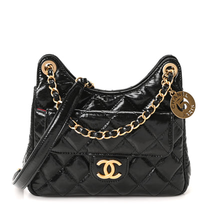 Chanel Shiny Crumpled Calfskin Quilted Small Wavy CC Hobo Black 1 of 11