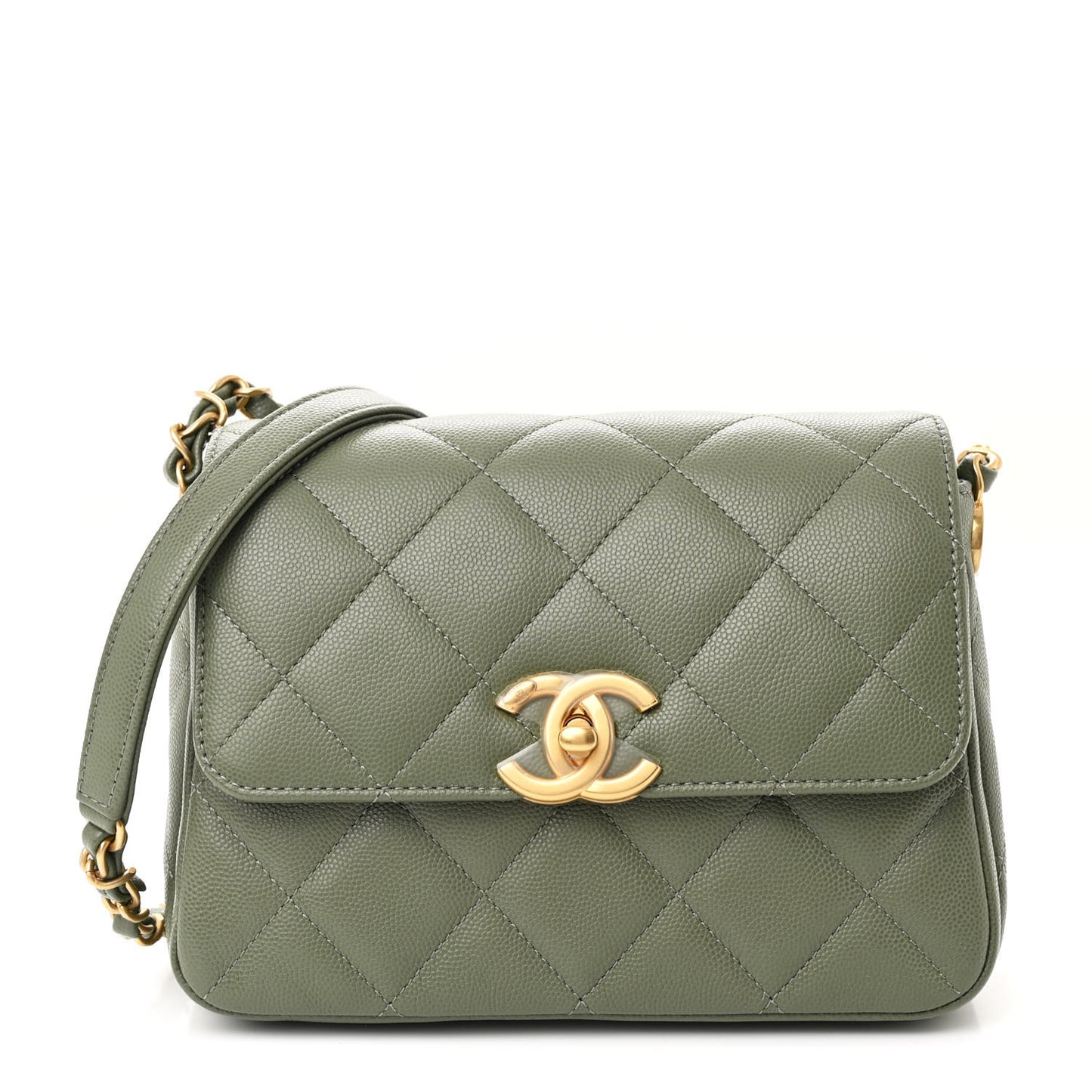Shiny Caviar Quilted Mini Flap Khaki