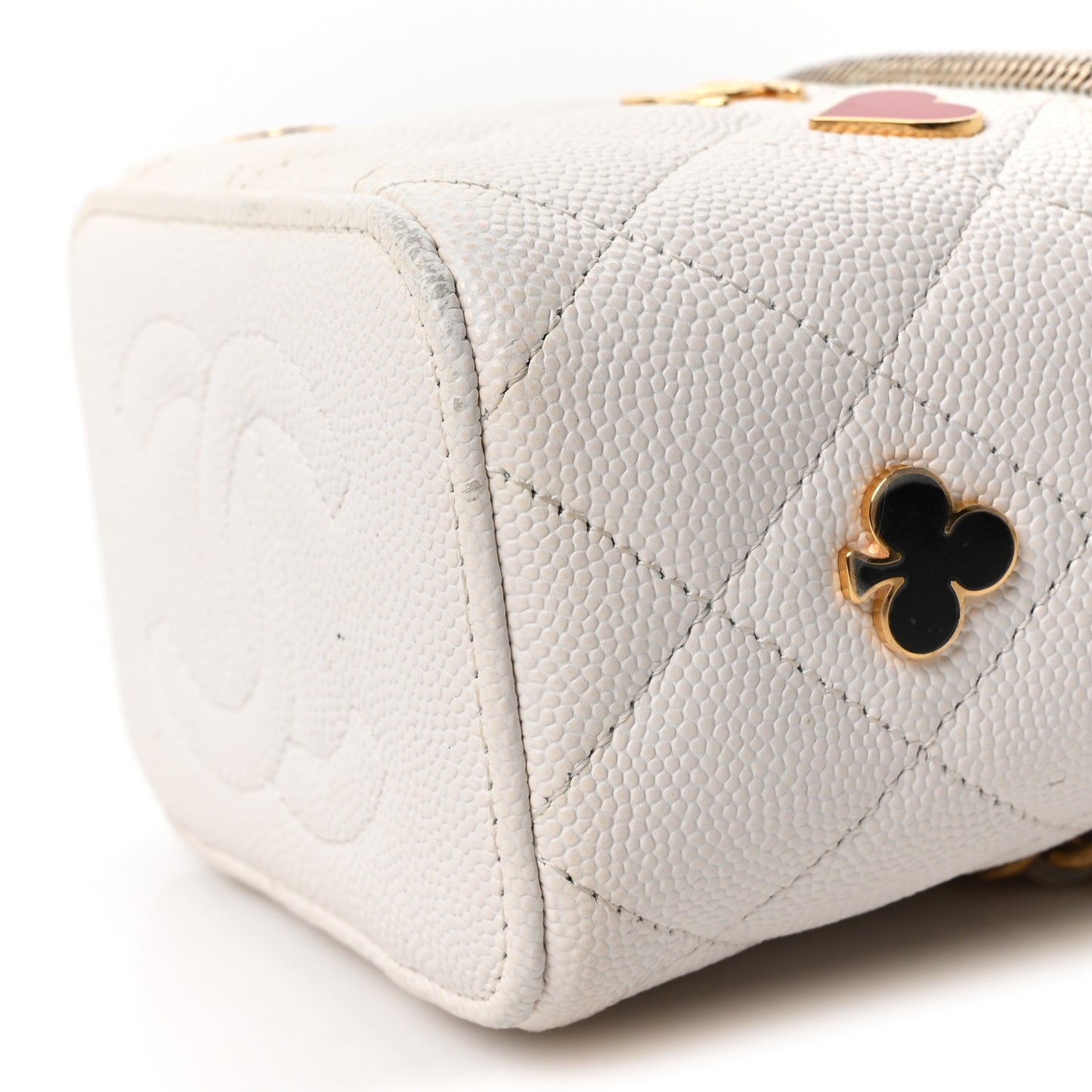 Caviar Quilted Enamel Coco Casino Mini Vanity Case With Chain White