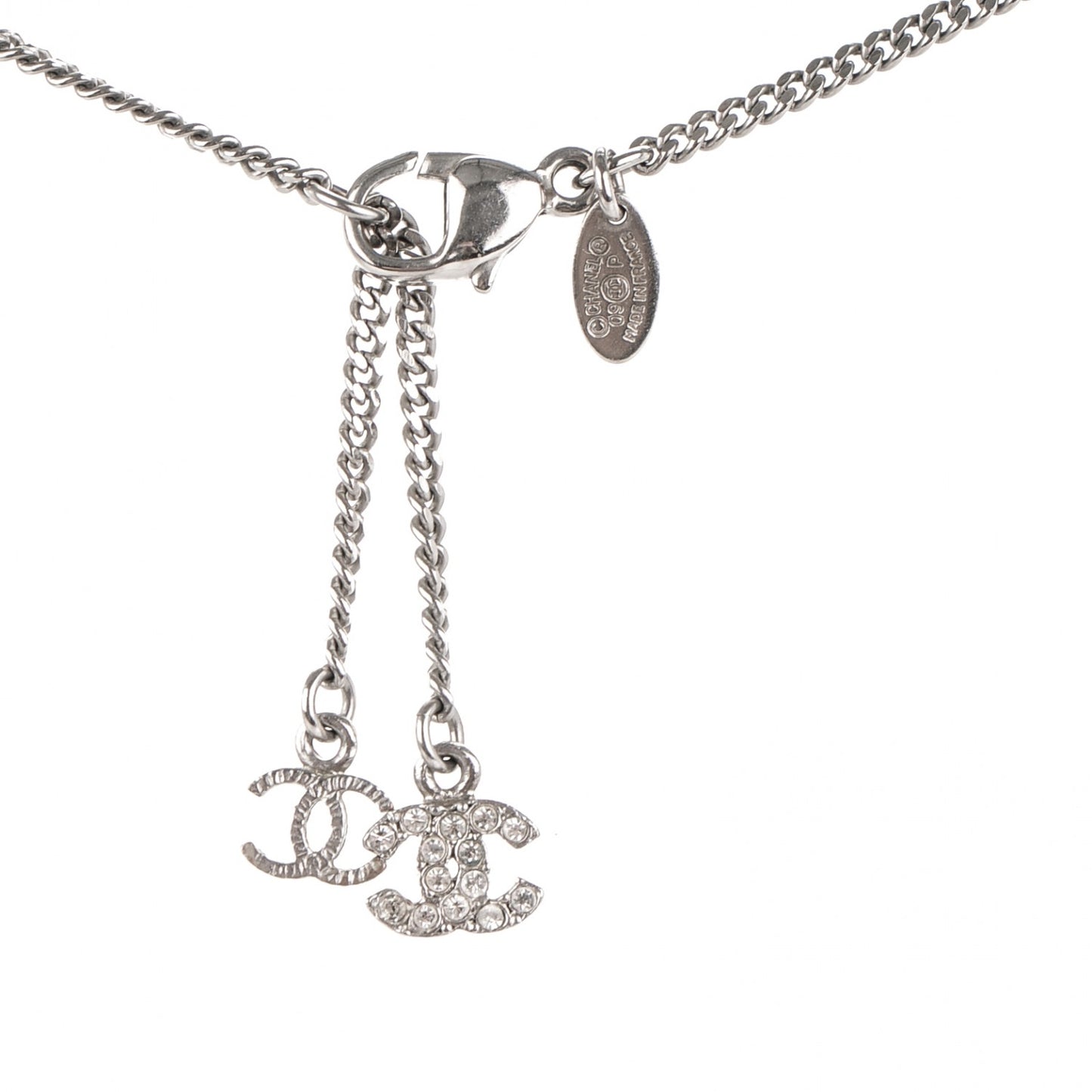 Crystal Baguette Pearl CC Necklace Silver
