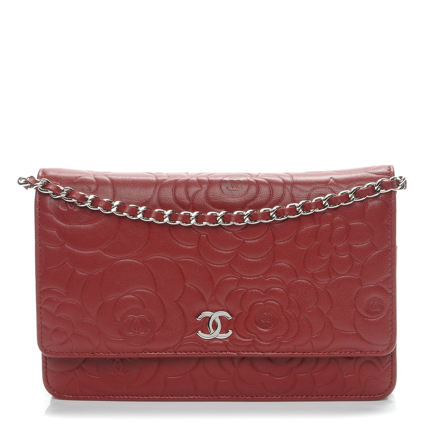Lambskin Camellia Embossed Wallet On Chain WOC Dark Red