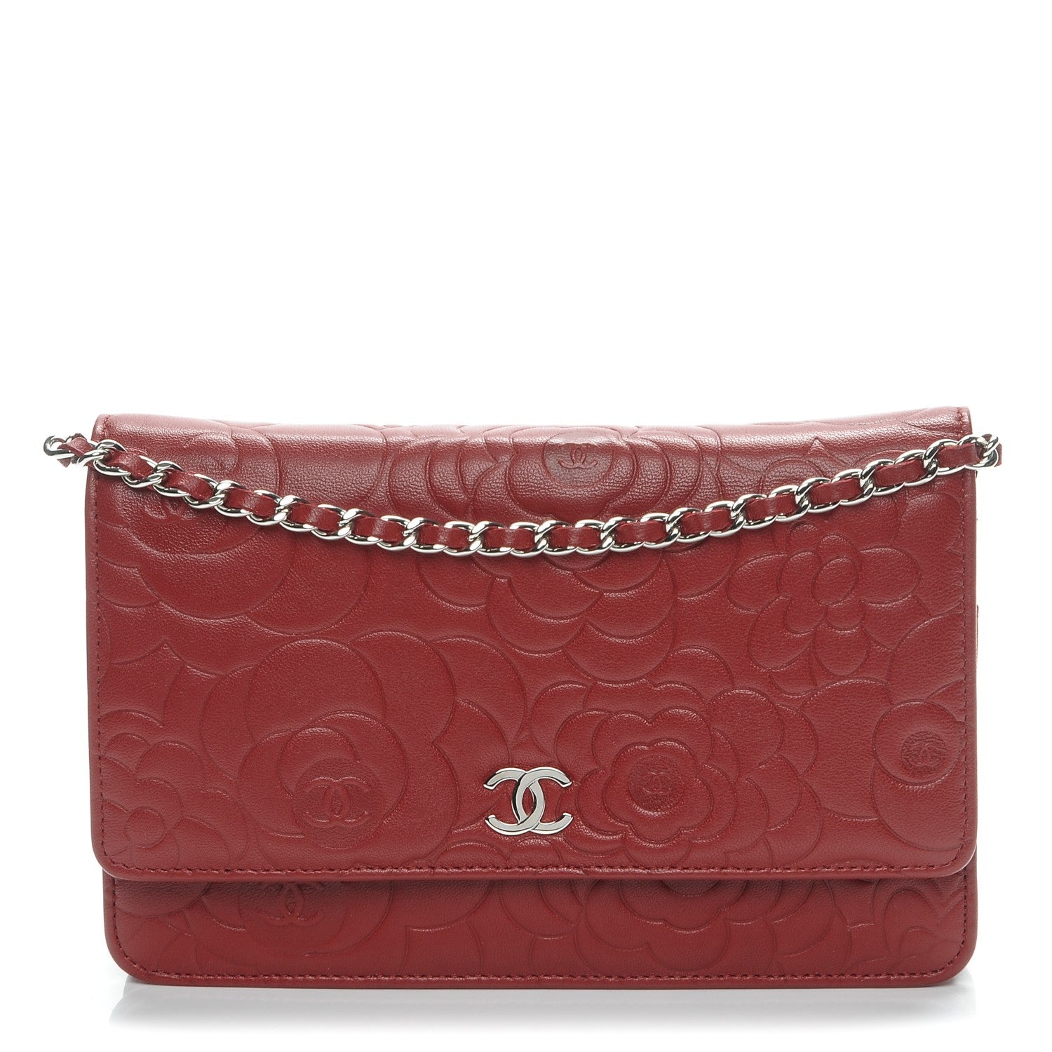 Chanel Lambskin Camellia Embossed Wallet On Chain WOC Dark Red 1 of 8