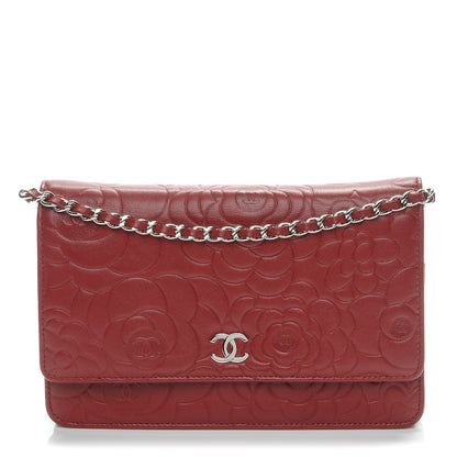 Chanel Lambskin Camellia Embossed Wallet On Chain WOC Dark Red 1 of 8