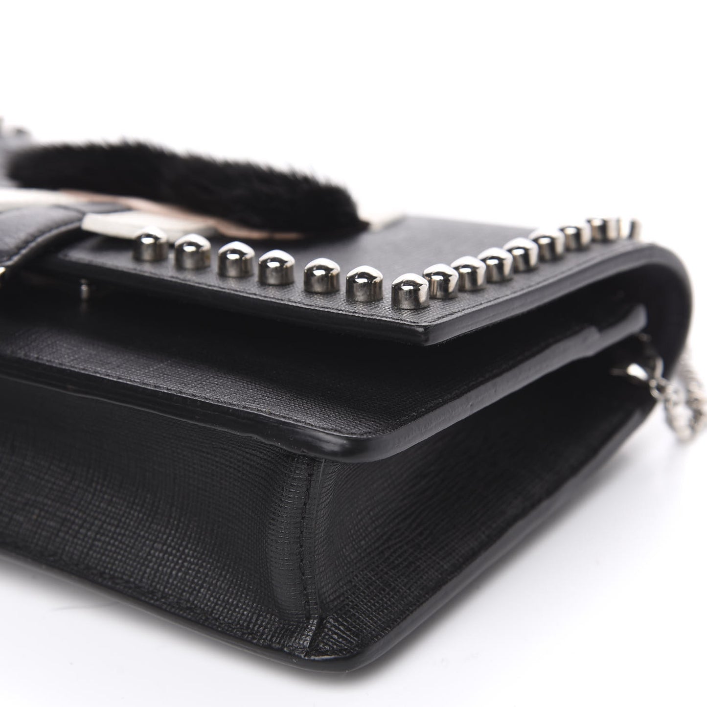 Vitello Elite Mink Fur Studded Karlito Tube Wallet on Chain Black