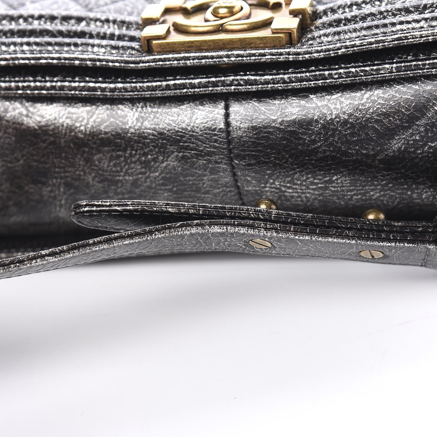 Cracked Metallic Calfskin Quilted Medium Boy Flap Dark Silver