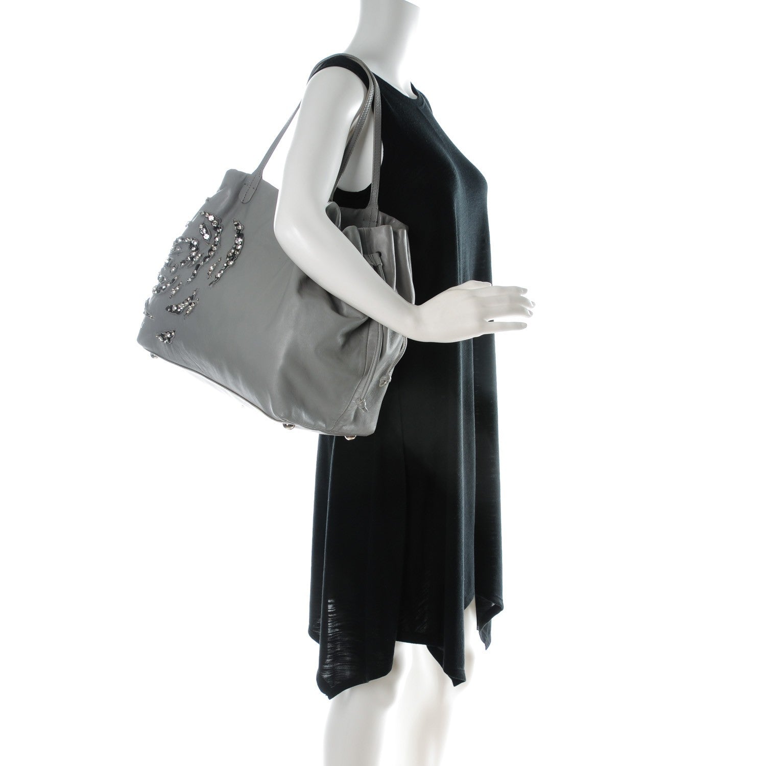 Valentino Garavani Nappa Leather Crystal Rose Glam Tote Gray 2 of 9