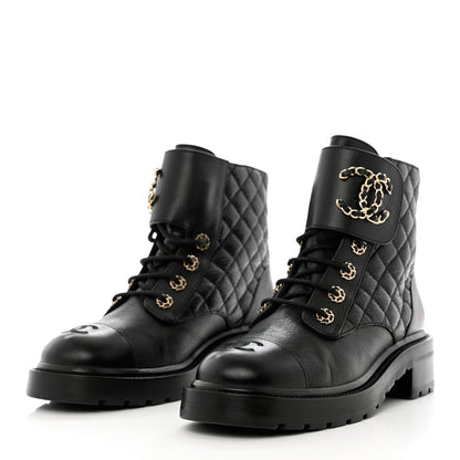 Chanel Shiny Goatskin Calfskin Quilted Lace Up Combat Boots 39 Black 3 of 10