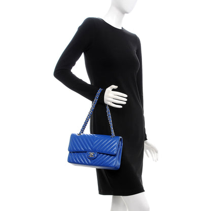 Chanel Caviar Chevron Quilted Medium Double Flap Bright Blue 3 of 9