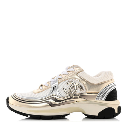 Chanel Fabric Laminated Calfskin Stretch CC Womens Sneakers 38 White Gold Silver 1 of 15