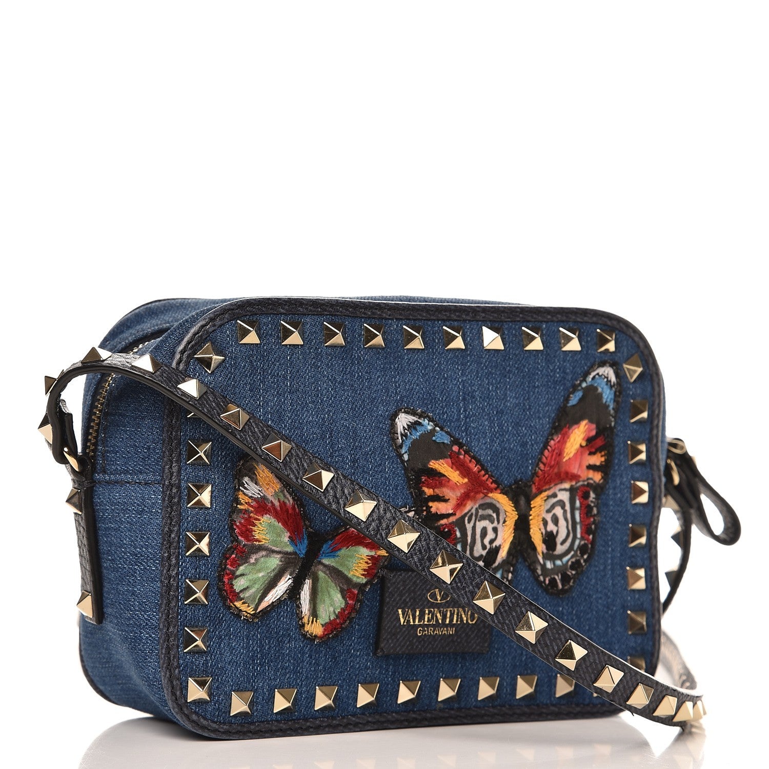Valentino Garavani Denim Butterfly Embroidered Rockstud Camera Crossbody Bag Light Denim Multicolor 3 of 8