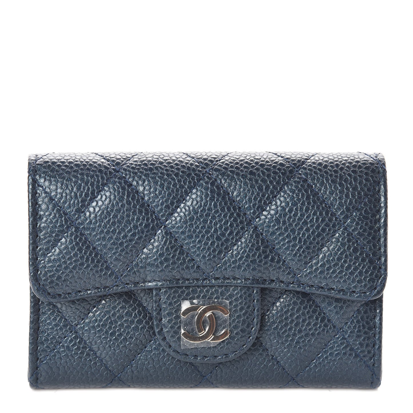 Iridescent Caviar Quilted Flap Card Holder Dark Blue