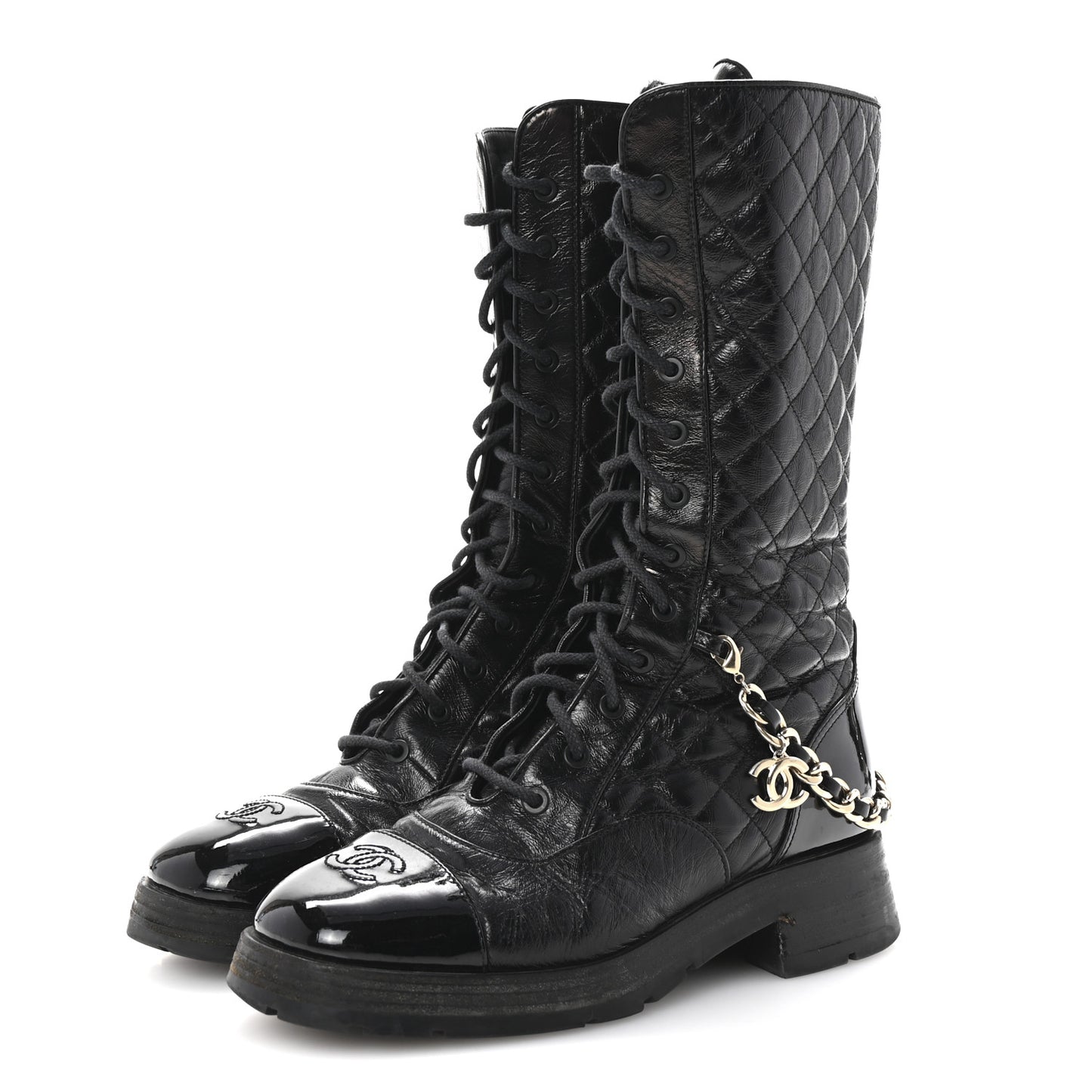 Shiny Calfskin Patent Quilted Chain Lace Up Combat Long Boots 38.5 Black
