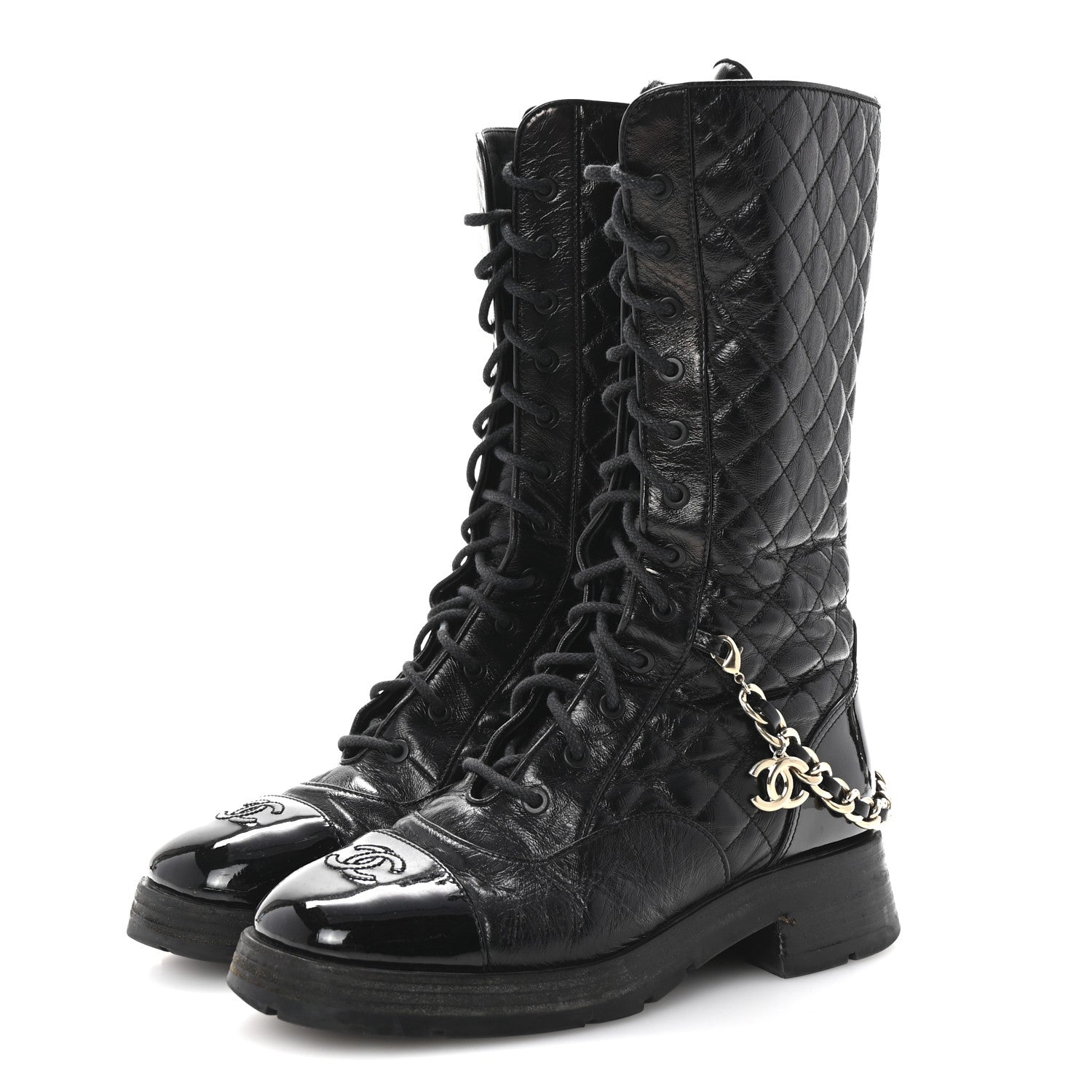 Chanel Shiny Calfskin Patent Quilted Chain Lace Up Combat Long Boots 38.5 Black 4 of 9