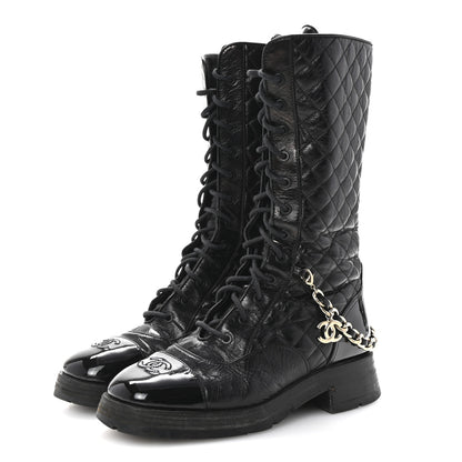 Chanel Shiny Calfskin Patent Quilted Chain Lace Up Combat Long Boots 38.5 Black 4 of 9
