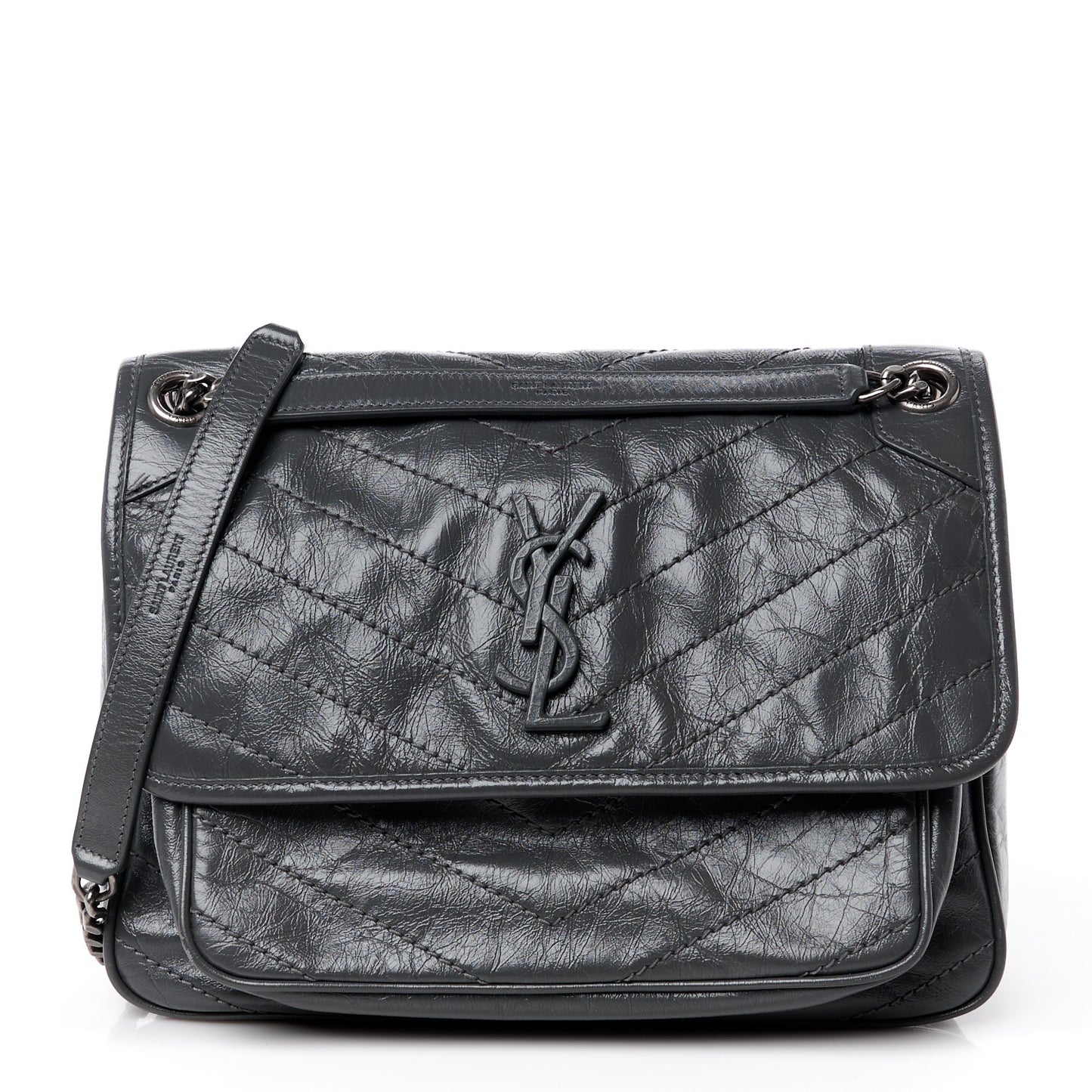 SAINT LAURENT Crinkled Calfskin Matelasse Monogram Medium Niki Chain Satchel Storm