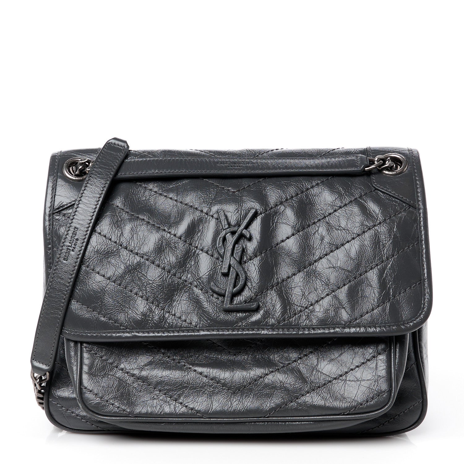 Saint Laurent SAINT LAURENT Crinkled Calfskin Matelasse Monogram Medium Niki Chain Satchel Storm 1 of 11