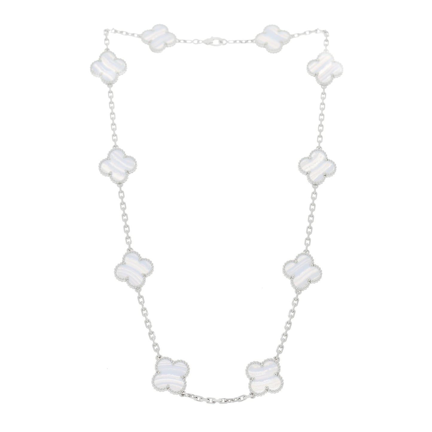 18K White Gold Chalcedony 10 Motifs Vintage Alhambra Necklace