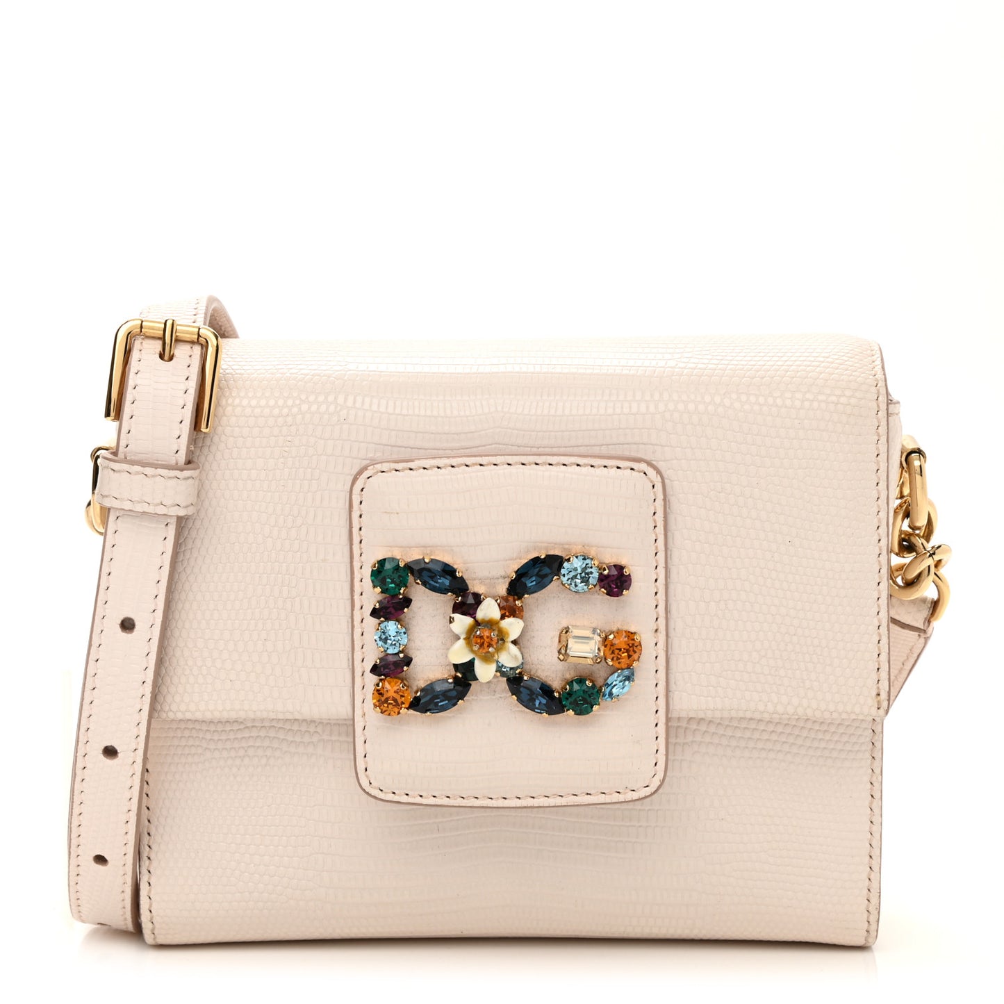 Lizard Embossed Crystal Embellished DG Millennials Mini Crossbody Bag White