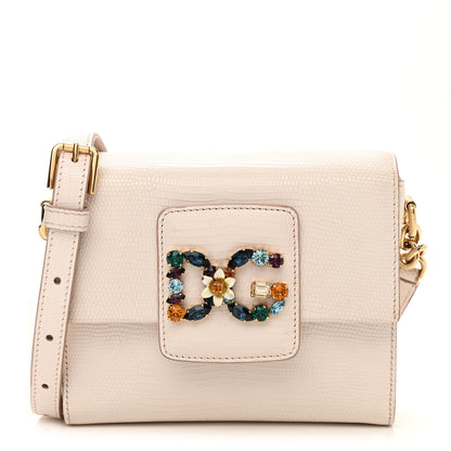Dolce & Gabbana Lizard Embossed Crystal Embellished DG Millennials Mini Crossbody Bag White 1 of 6
