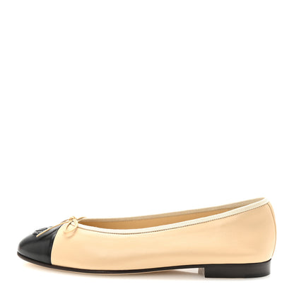 Chanel Lambskin Cap Toe CC Ballerina Flats 39.5 Beige Black 1 of 9