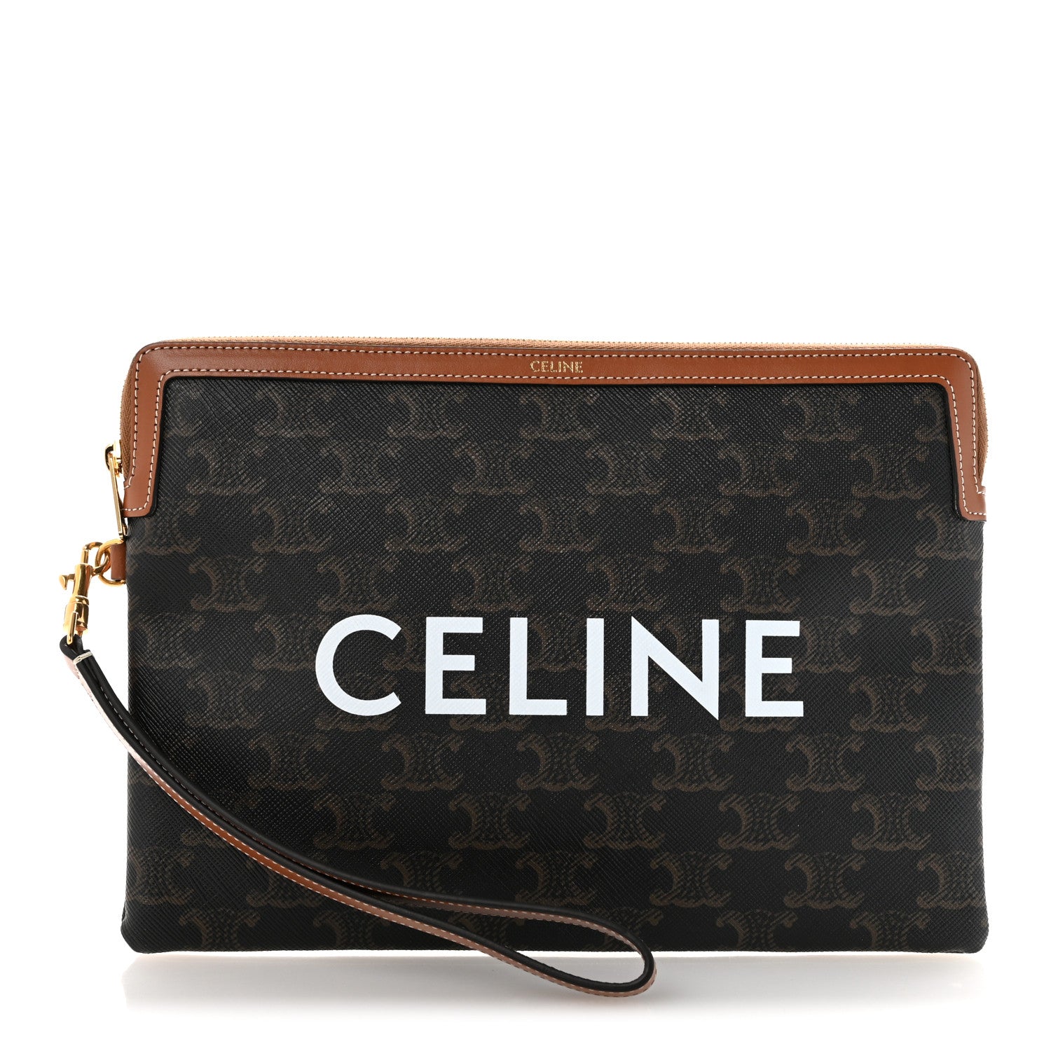Celine Triomphe Canvas Calfskin Small Pouch With Strap Tan 1889897