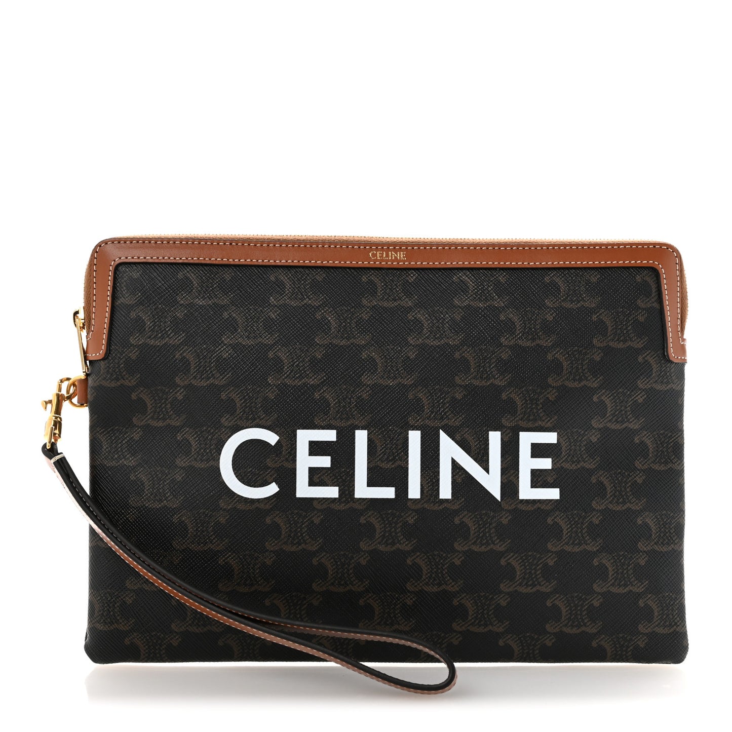 Triomphe Canvas Calfskin Small Pouch With Strap Tan