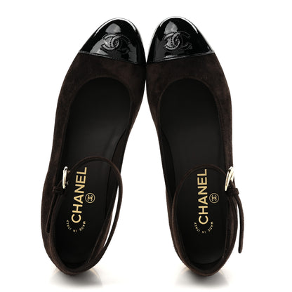 Chanel Suede Patent Cap Toe CC Mary Jane Flats 38 Dark Brown Black 2 of 10