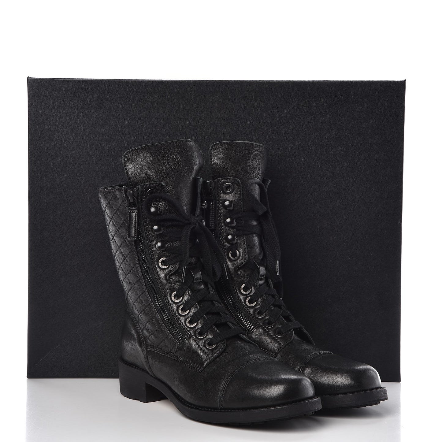 Calfskin Quilted Cap Toe Combat Boots 38.5 Black