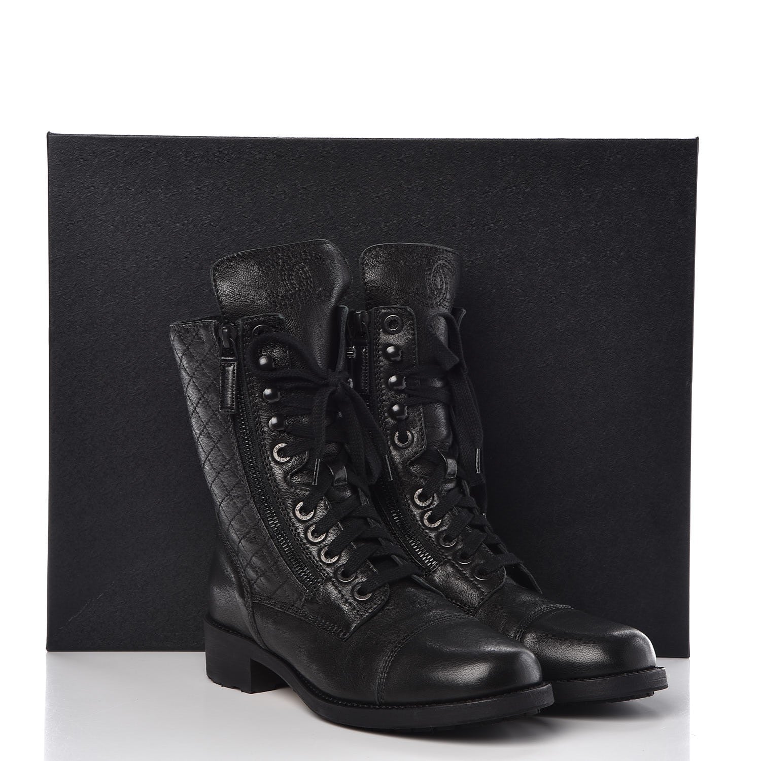Chanel Calfskin Quilted Cap Toe Combat Boots 38.5 Black 10 of 10