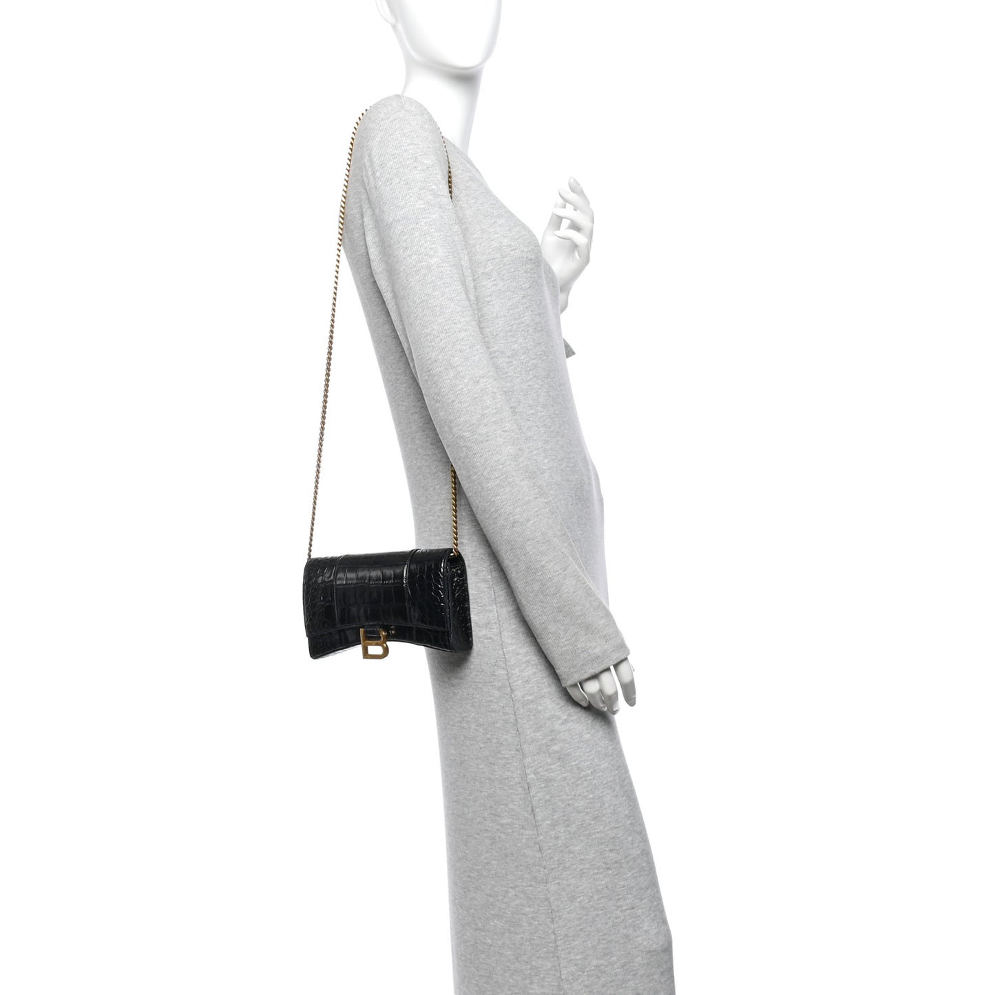Shiny Calfskin Crocodile Embossed Hourglass Chain Bag Black
