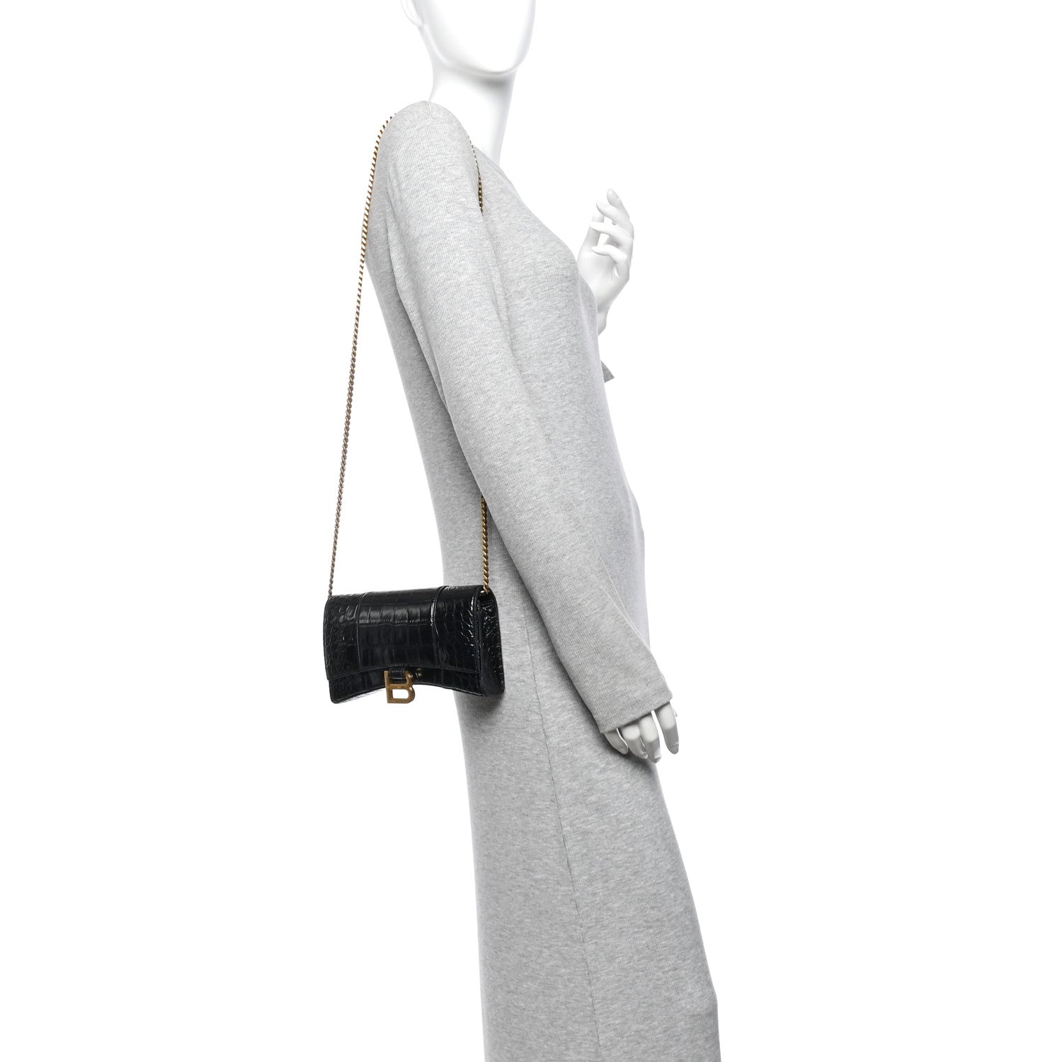 Balenciaga Shiny Calfskin Crocodile Embossed Hourglass Chain Bag Black 2 of 13