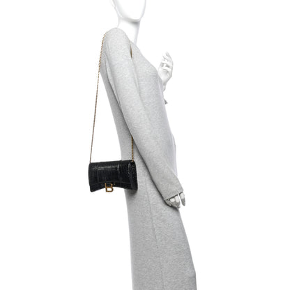 Balenciaga Shiny Calfskin Crocodile Embossed Hourglass Chain Bag Black 2 of 13