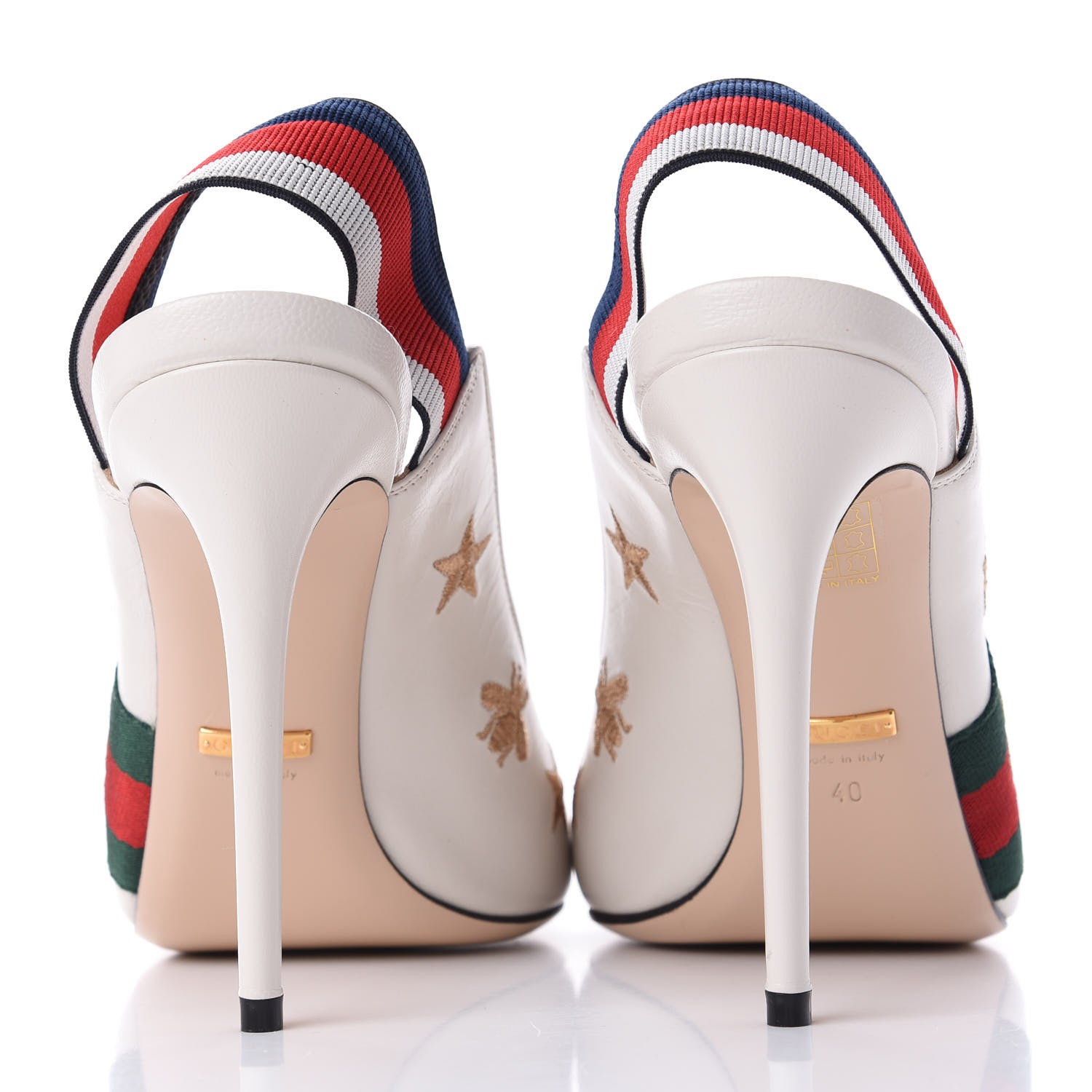 Gucci Malaga Kid Web Bee Star Embroidered Sylvie High Heel Slingback Pumps 40 White 8 of 12