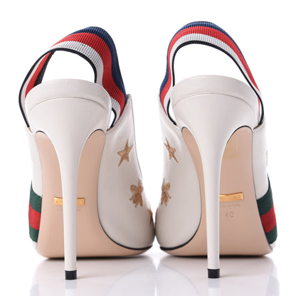 Gucci Malaga Kid Web Bee Star Embroidered Sylvie High Heel Slingback Pumps 40 White 8 of 12
