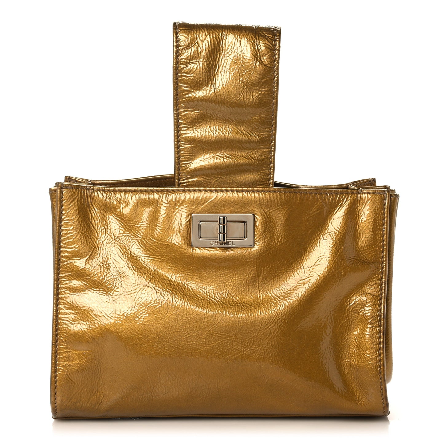 Metallic Patent Mademoiselle Lock Convertible Wrist Clutch Bag Gold