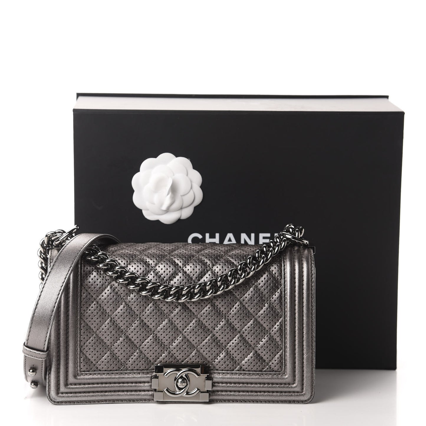 Metallic Lambskin Perforated Medium Boy Flap Dark Silver