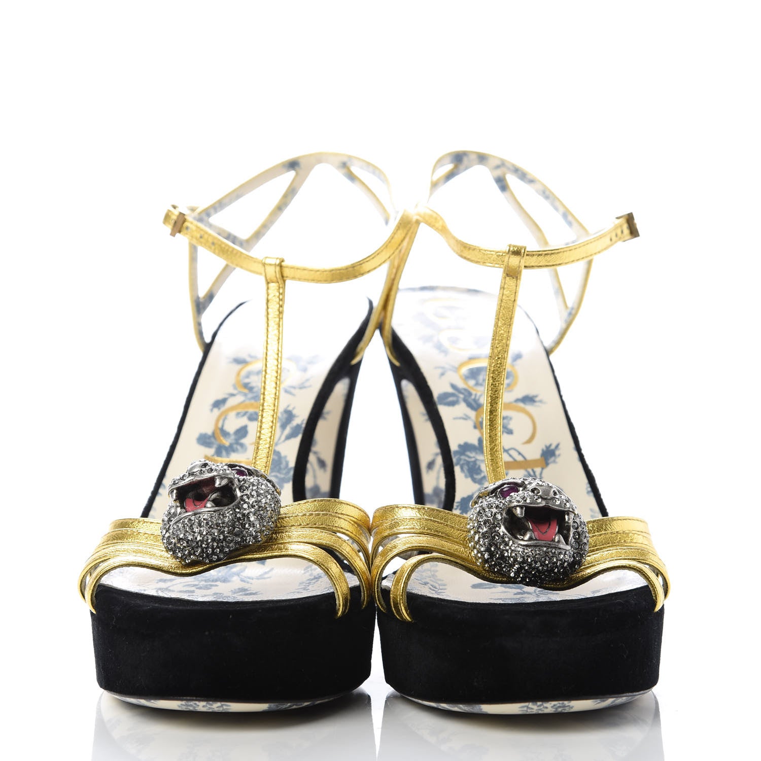 Gucci Velvet Nappa Elias T-Strap Platform High Heel Sandals 37.5 Black Gold 2 of 9