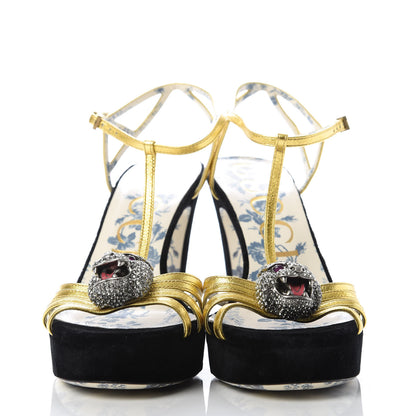 Gucci Velvet Nappa Elias T-Strap Platform High Heel Sandals 37.5 Black Gold 2 of 9