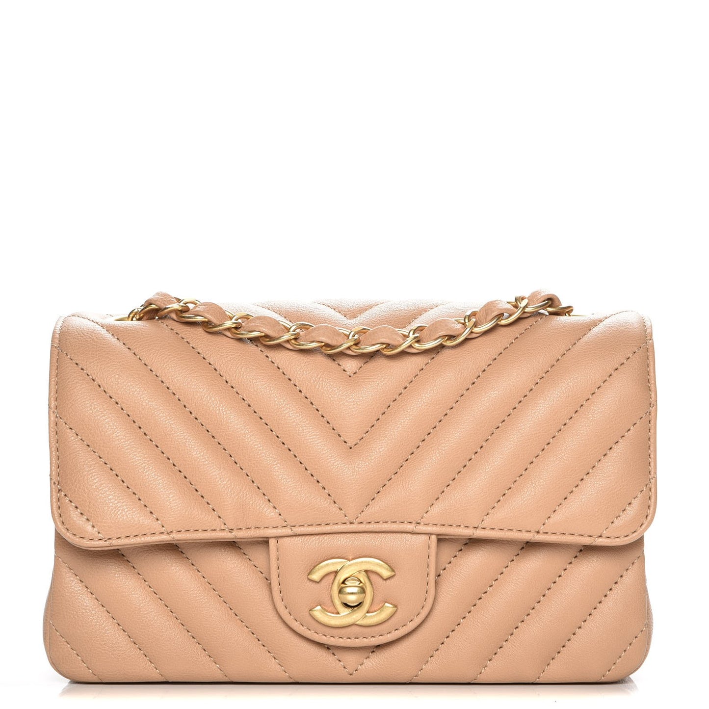 Calfskin Chevron Quilted Mini Rectangular Flap Dark Beige