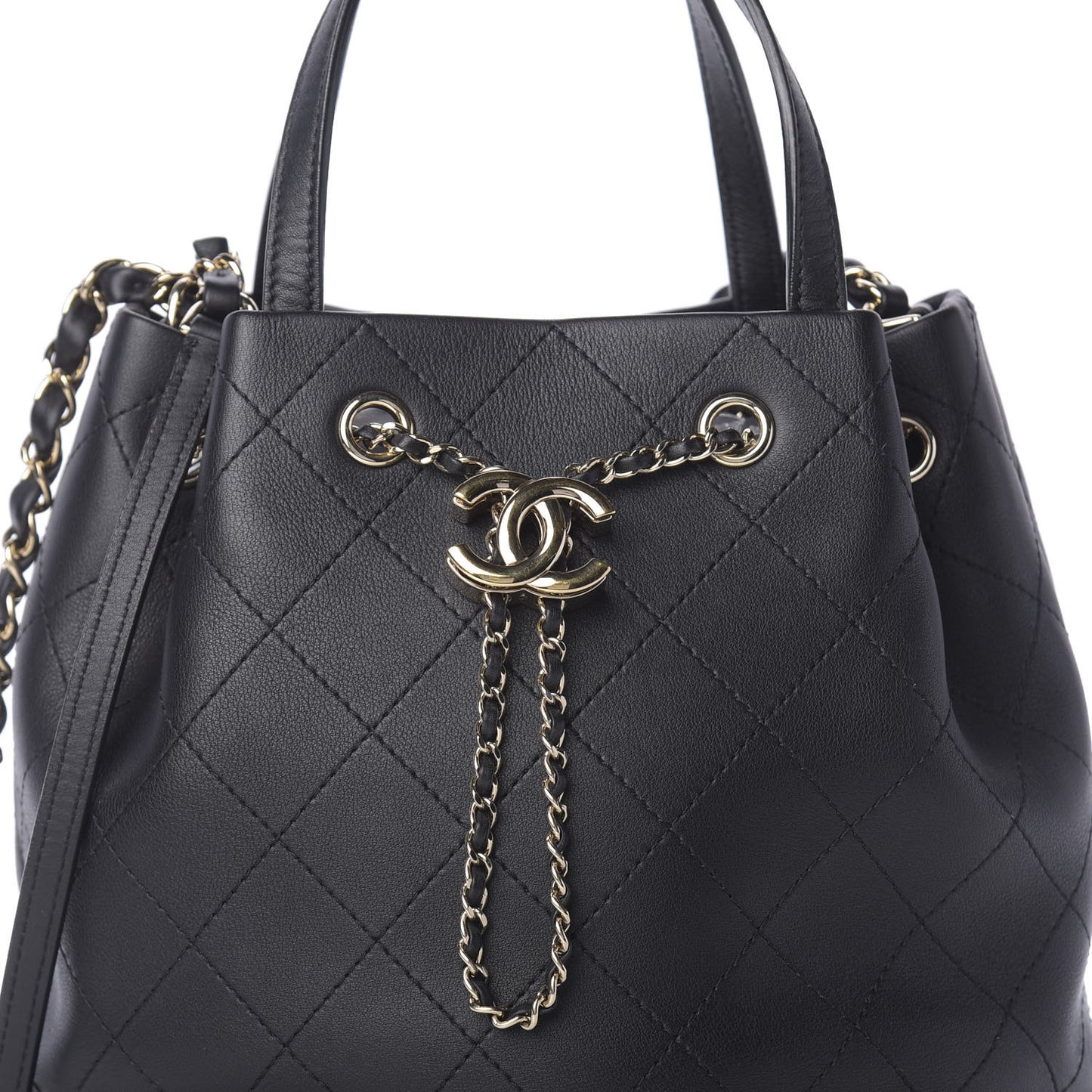 Calfskin Stitched Chain Top Handle Bucket Bag Black
