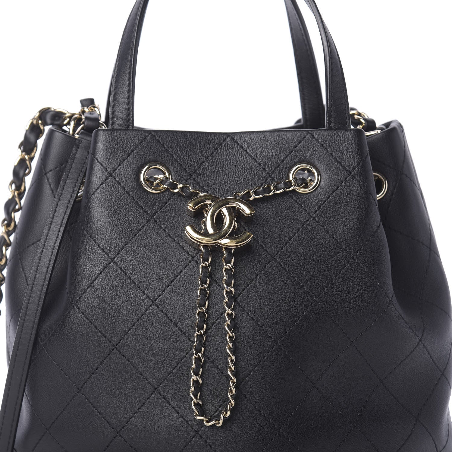 Chanel Calfskin Stitched Chain Top Handle Bucket Bag Black 11 of 11