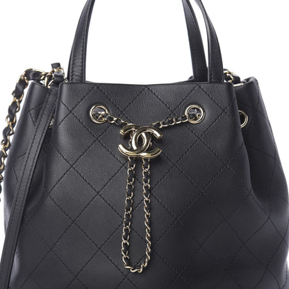 Chanel Calfskin Stitched Chain Top Handle Bucket Bag Black 11 of 11